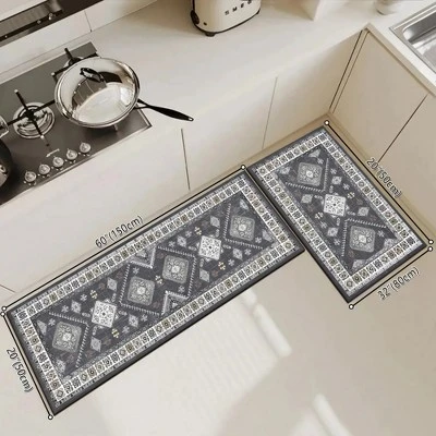 FURNIinspire Floor Mats 2 Piece Farmhouse Kitchen Rug Washable Area Rugs Non Skid Bohemian Mat For Hallway Entryway, Grey, 60"*20" 4 FURNIinspire Floor Mats 2 Piece Farmhouse Kitchen Rug Washable Area Rugs Non Skid Bohemian Mat For Hallway Entryway, Grey, 60"*20" - Image 2