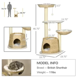 FURNIinspire Cat Tree Kitty Activity Center, Cat Climbing Toy With Cattail Fluff, Bed, Condo, Sisal Scratching Post, Natural, 19.8"*19.8"*46.8"