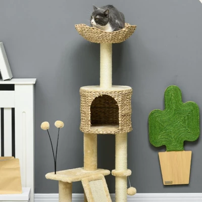 FURNIinspire 45" Cat Tree For Indoor Cats, Tower With Scratching Posts, Ramp, Condo, Toy Balls, Platforms, Bed, Ramp, Beige, 17.75"*15.75"*45.75" 4 FURNIinspire 45" Cat Tree For Indoor Cats, Tower With Scratching Posts, Ramp, Condo, Toy Balls, Platforms, Bed, Ramp, Beige, 17.75"*15.75"*45.75" - Image 2