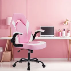FURNIinspire Task And Office Chairs Pu Leather Office Chair Swivel Computer Gaming Chair With Lumbar Support, Pink And White, 25"*28"*46" -Outdoor Kitchen & Living GUEST da6bb8f3 92fb 468c b596 396dc86873c7