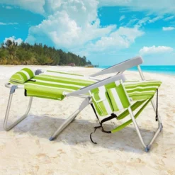 FURNIinspire Outdoor Portable Chair Adjustable Back With Storage Pockets For Comfort And Relaxation, Green Stripes, 24.8"*27.56"*38.98" -Outdoor Kitchen & Living GUEST db69fb1a 8776 4edd 8568 b6c09e4bec71