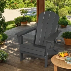 FURNIinspire Patio Accent Chairs Folding Adirondack Chair, Outdoor Adirondack Chair With Cup Holder, Wood Texture Folding Chair, Gray, 32"*29"*36" -Outdoor Kitchen & Living GUEST dc93d6ec 6fde 46c5 8967 72b96df5c74d