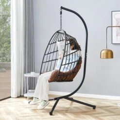 FURNIinspire Patio Swings Hanging Chair With Wicker Weave, Single Person Swing With Brown Seat Cushion For Indoor And Outdoor, Black, 37“*37"*79" -Outdoor Kitchen & Living GUEST dcf16b16 aa93 455e adcb 6cf45f9218ab