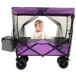 FURNIinspire Outdoor Serving Carts 480Lbs Collapsible Wagon With Canopy Lightweight Foldable Wagon With Mosquito Net, Purple, 45.28"*22.83"*38.78" -Outdoor Kitchen & Living GUEST de2e35de 6231 4a80 ad72 1e494ec2e95b