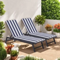FURNIinspire Outdoor Seat Cushions 2pcs Stripe Patio Furniture Seat Cushion Replacement For Chaise Lounge, Removable Cover, Blue, 74.4"*22.05"*2.76" -Outdoor Kitchen & Living GUEST de704621 ccd0 4f5f 8193 498ee439c657
