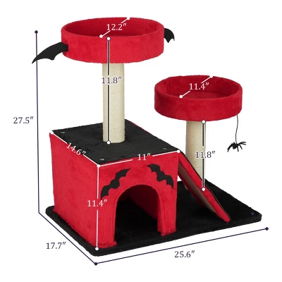 FURNIinspire Pet Tower Gothic Cat Tree Tower Halloween Pet Furniture Cute Cat Toys House With Condo, Scratching Posts, Red, 25.6"*17.7"*27.5" 4 FURNIinspire Pet Tower Gothic Cat Tree Tower Halloween Pet Furniture Cute Cat Toys House With Condo, Scratching Posts, Red, 25.6"*17.7"*27.5" - Image 2