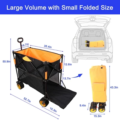 Furniinspire Wheelbarrows And Lawn Carts Big Large Capacity Folding Cart, Extra Long Extender Wagon Cart, Black And Orange, 53“*20"*51" 4 Furniinspire Wheelbarrows And Lawn Carts Big Large Capacity Folding Cart, Extra Long Extender Wagon Cart, Black And Orange, 53“*20"*51" - Image 2