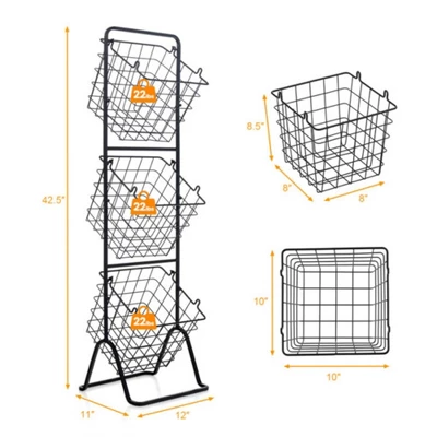 FURNIinspire Kitchen Racks 3 Tier Fruit Basket Stand, Steel Food Storage Rack Removable Wire Bowls With Non-Slip Pads, Black, 11"*12"*42.5" 4 FURNIinspire Kitchen Racks 3 Tier Fruit Basket Stand, Steel Food Storage Rack Removable Wire Bowls With Non-Slip Pads, Black, 11"*12"*42.5" - Image 2