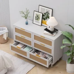 FURNIinspire Dressers Rattan Storage Cabinet Clothes Storage Cabinet With 6 Drawer For Bedroom Nursery, Large Capacity, White, 43.31"*15.75"*29.53" -Outdoor Kitchen & Living GUEST e5302a9b 69d5 45ed a9c3 2a856829e29b