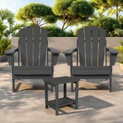 FURNIinspire Patio Seating Sets Folding Adirondack Chairs With Side Table, 3-Piece Rocking Chairs Set With Wood Texture, Gray, 30“*28”*35“