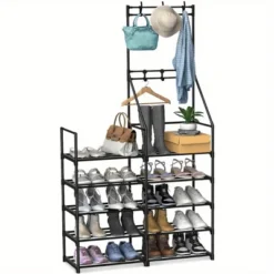 FURNIinspire Shoe Racks Simple 5 Tier Shoe Rack Storage Organizer Shoe Shelf With Freestanding Coat Rack For Entryway, Black, 12"*33"*66"