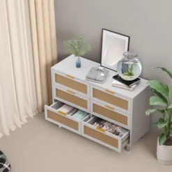 FURNIinspire Dressers Rattan Storage Cabinet Clothes Storage Cabinet With 6 Drawer For Bedroom Nursery, Large Capacity, White, 51.18"*15.75"*29.72" 9 FURNIinspire Dressers Rattan Storage Cabinet Clothes Storage Cabinet With 6 Drawer For Bedroom Nursery, Large Capacity, White, 51.18"*15.75"*29.72" -Outdoor Kitchen & Living GUEST e7adc2b2 9e2d 4eb1 aca3 7f2c57ad6890