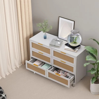 FURNIinspire Dressers Rattan Storage Cabinet Clothes Storage Cabinet With 6 Drawer For Bedroom Nursery, Large Capacity, White, 51.18"*15.75"*29.72" 5 FURNIinspire Dressers Rattan Storage Cabinet Clothes Storage Cabinet With 6 Drawer For Bedroom Nursery, Large Capacity, White, 51.18"*15.75"*29.72" - Image 3