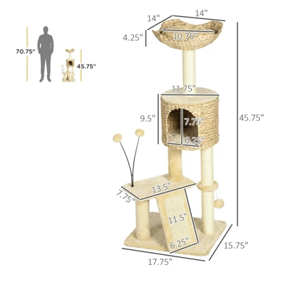 FURNIinspire 45" Cat Tree For Indoor Cats, Tower With Scratching Posts, Ramp, Condo, Toy Balls, Platforms, Bed, Ramp, Beige, 17.75"*15.75"*45.75" 3 FURNIinspire 45" Cat Tree For Indoor Cats, Tower With Scratching Posts, Ramp, Condo, Toy Balls, Platforms, Bed, Ramp, Beige, 17.75"*15.75"*45.75"