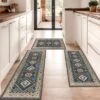 FURNIinspire Floor Mats Home 3 Piece Kitchen Rug Machine Washable Floor Mat For Living Room, Vintage Carpet, Non Slip, Dark Blue, 60"*20" -Outdoor Kitchen & Living GUEST e8340671 2cb7 4f54 9734 1357b0c691f7