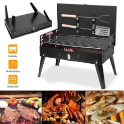 FURNIinspire Outdoor Grills, Griddles And Smokers 3 Level Adjustable Outdoor BBQ With Wind Guard Tools For Camping, Picnics, Black, 17.7"*11.02"*3.1" -Outdoor Kitchen & Living GUEST e8ef019e 100b 4605 9727 db45912d5d01