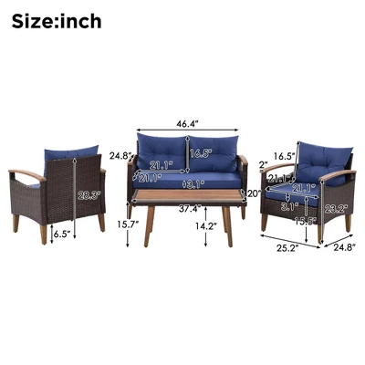 FURNIinspire Patio Seating Sets 4-Pieces Outdoor Wicker Seating Set, Conversation Sofa Set, Sofa Set And Wood Table, Brown And Blue, 46“*25”*28“ 4 FURNIinspire Patio Seating Sets 4-Pieces Outdoor Wicker Seating Set, Conversation Sofa Set, Sofa Set And Wood Table, Brown And Blue, 46“*25”*28“ - Image 2