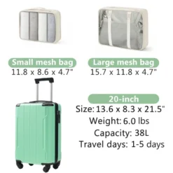 FURNIinspire Bag And Luggage Sets 20 Inch Luggage Set, Lightweight Checked Suitcase With 2 Mesh Bag Travel, Creamy Green, 8.3"*13.6"*21.5" -Outdoor Kitchen & Living GUEST edea4d37 d8e9 4db9 9770 9b88b4762fba