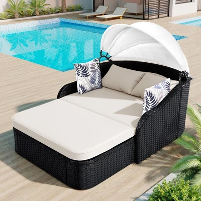 FURNIinspire Patio Chaise Lounges Outdoor Sunbed With Adjustable Canopy, Patio Chaise Lounge, Black Wicker Daybed And Beige Cushion, 79.9“*52.4"*49.6" 7 FURNIinspire Patio Chaise Lounges Outdoor Sunbed With Adjustable Canopy, Patio Chaise Lounge, Black Wicker Daybed And Beige Cushion, 79.9“*52.4"*49.6" - Image 5