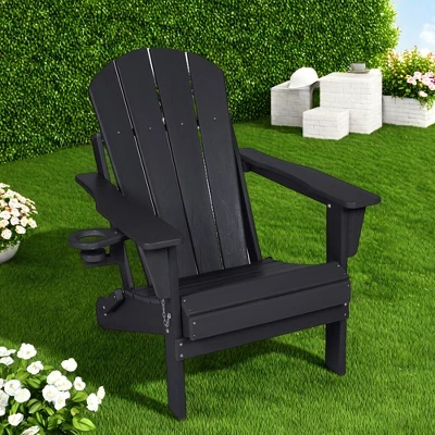 FURNIinspire Patio Accent Chairs Folding Adirondack Chair, Outdoor Adirondack Chair With Cup Holder, Wood Texture Folding Chair, Black, 32"*29"*36" 7 FURNIinspire Patio Accent Chairs Folding Adirondack Chair, Outdoor Adirondack Chair With Cup Holder, Wood Texture Folding Chair, Black, 32"*29"*36" - Image 5