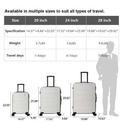 FURNIinspire Bag And Luggage Sets Hard Shell 3 Piece Suitcase Set, Travel Luggage Business Suitcases With Wheels, White, 19.88"*10.63"*29.92" 4 FURNIinspire Bag And Luggage Sets Hard Shell 3 Piece Suitcase Set, Travel Luggage Business Suitcases With Wheels, White, 19.88"*10.63"*29.92" - Image 2