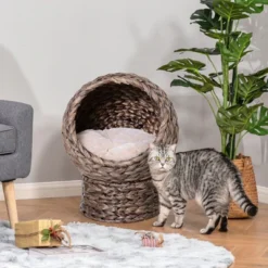 FURNIinspire Handwoven Elevated Cat Bed With Cushion & Stand,Egg Chair Shape Cat Basket Kitty House For Indoor,16.5"*13"*20.5" -Outdoor Kitchen & Living GUEST f1d347ed da2a 4439 aaa8 0350c5b18ec0