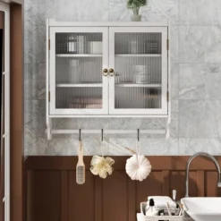 FURNIinspire Kitchen And Dining Cabinets Vintage Glass Door Wood Wall Cabinet, Dining Room Pantry Cabinet With Towel Rack, White, 7.08"*24.8"*23.62" -Outdoor Kitchen & Living GUEST f78500ac 777a 4cc6 8792 2849ac8b0262