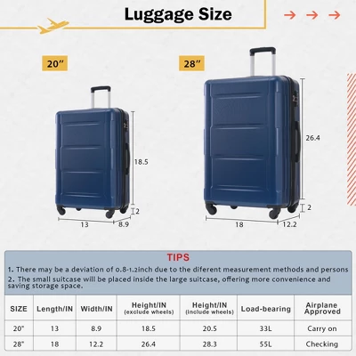 FURNIinspire Bag And Luggage Sets 2 Piece Luggage Set With Bags Spinner Wheels Abs Lightweight Suitcase With TSA Lock, Blue, 18"*12"*28" 5 FURNIinspire Bag And Luggage Sets 2 Piece Luggage Set With Bags Spinner Wheels Abs Lightweight Suitcase With TSA Lock, Blue, 18"*12"*28" - Image 3