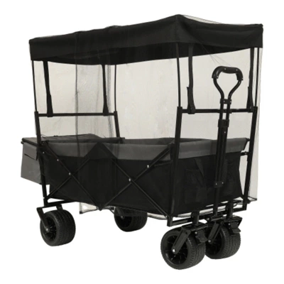 FURNIinspire Outdoor Serving Carts 480Lbs Collapsible Wagon With Canopy Lightweight Foldable Wagon With Mosquito Net, Black, 45.28"*22.83"*38.78" 3 FURNIinspire Outdoor Serving Carts 480Lbs Collapsible Wagon With Canopy Lightweight Foldable Wagon With Mosquito Net, Black, 45.28"*22.83"*38.78"