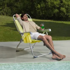 FURNIinspire Outdoor Portable Chair Patio Folding Chairs 5 Position Recline With Extra Storage For Backyard, Beach, Yellow, 24.8"*27.56"*38.98"