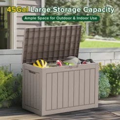 FURNIinspire Deck Boxes 45 Gallon Deck Box, Outdoor Waterproof Storage Bin, Storage Deck Box, All Weather Use, Light Brown, 17“*31”*22“ -Outdoor Kitchen & Living GUEST fb41617a 6bc5 4256 91a9 8233c2a16a7d