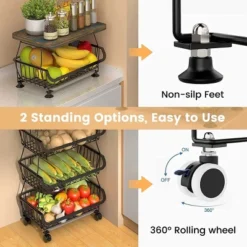 FURNIinspire Kitchen Holder Metal Baskets With Wheels Stackable Storage Organizer For Dining Room Bathroom Fruit Cart, Black, 15.99"*12.09"*6.63" -Outdoor Kitchen & Living GUEST fc50da57 5aca 4343 943f fdfb279f7e90