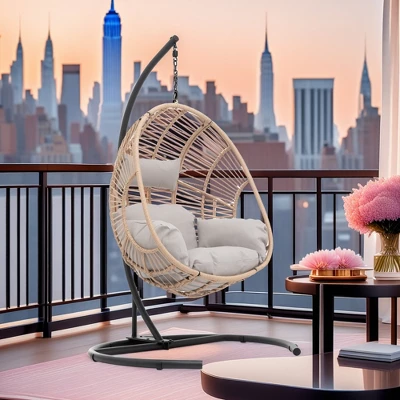FURNIinspire Patio Swings Wicker Swing Egg Chair With Stand, Outdoor Indoor Hanging Chair With Beige Seat Cushion, Natural Color, 42“*47"*73"